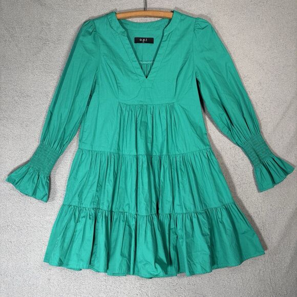 O.P.T Dress Women Dress Size XS Kelly Green Tiered Babydoll Mini Smocked Cottage - Picture 1 of 14